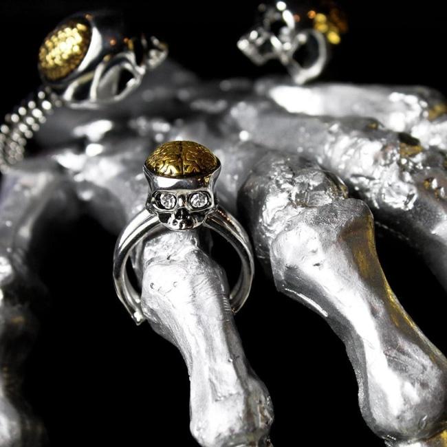 shot of the Brain Dead ring and cuff on a skeleton from the han cholo skulls collection