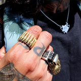 shot of a man wearing the Bullets Ring in silver from the han cholo precious metal collection