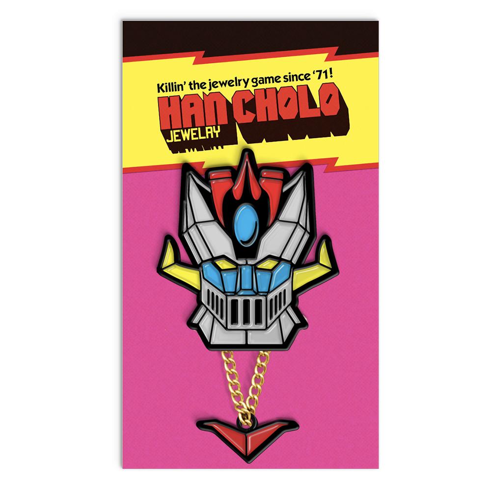Shogun Warrior inspired Space knight enamel pin on pink pin card