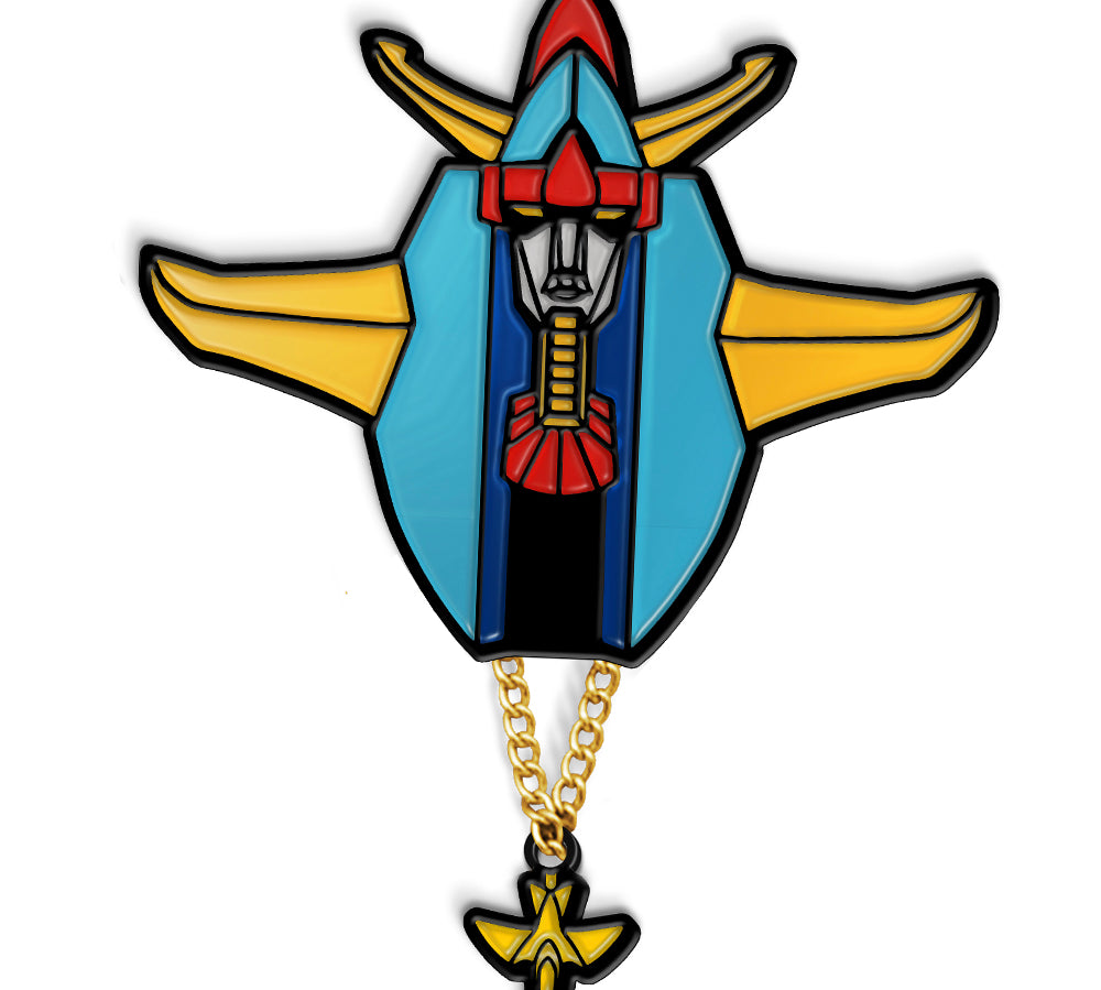 Shogun Warrior inspired raydeen enamel pin on white background
