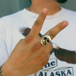 shot of a man wearing the Crystal Skull Ring in silver from the han cholo fantasy collection