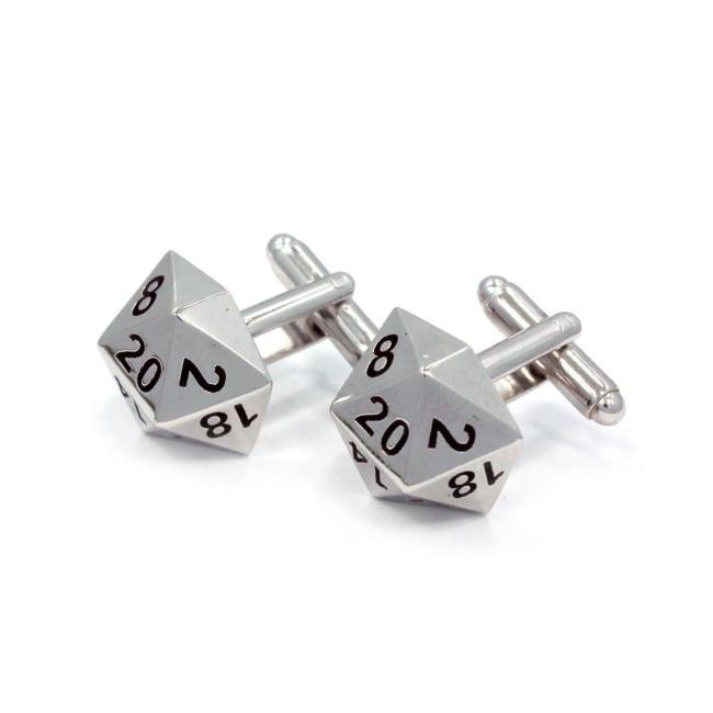 left shot of the D20 Cufflinks in silver on a white background