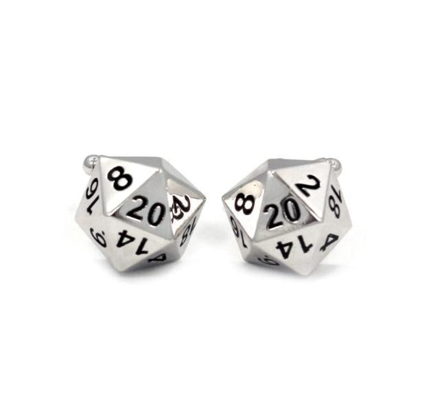 front shot of the D20 Cufflinks in silver on a white background