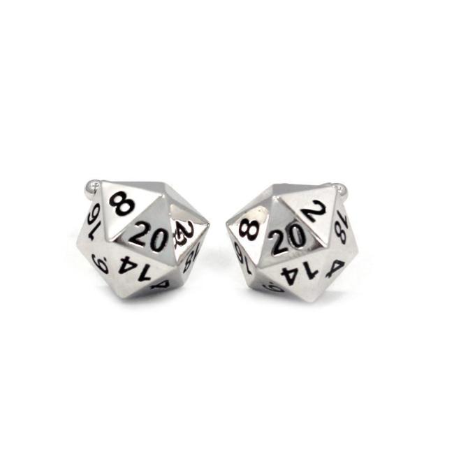 front shot of the D20 Cufflinks in silver on a white background