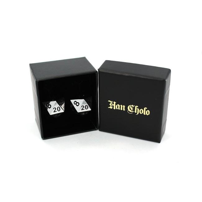 front shot of the D20 Cufflinks in silver in a blac han cholo jewelry box