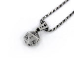 right angle shot of the D20 Pendant in silver on a white background