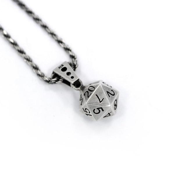 left angle shot of the D20 Pendant in silver on a white background