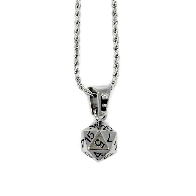 front shot of the D20 Pendant in silver on a white background