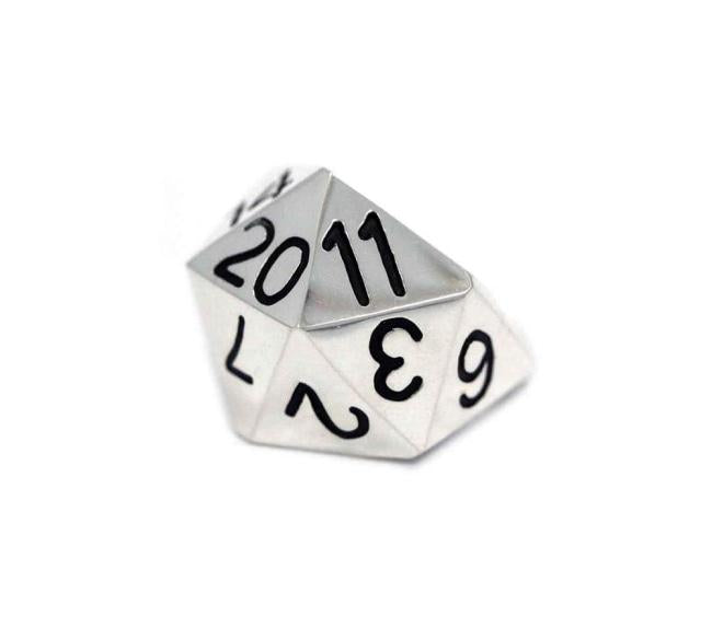 Right side view of the D20 ring in silver on a white background