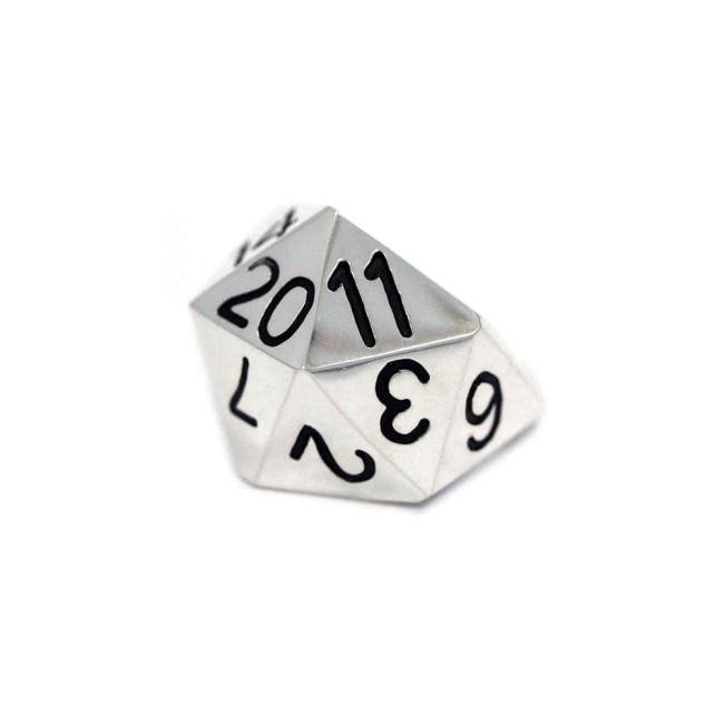 Right side view of the D20 ring in silver on a white background