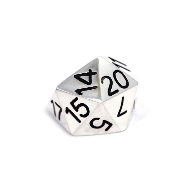 left side view of the D20 ring in silver on a white background