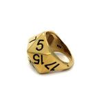 left profile view of the D20 ring in gold showing the 925 detail on a white background