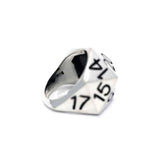 left profile view of the D20 ring in silver showing the 925 detail on a white background