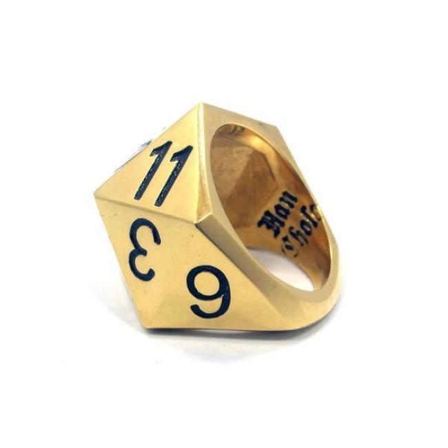 right profile view of the D20 ring in gold showing the 925 detail on a white background