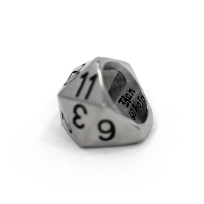back left view of the D20 ring in silver on a white background
