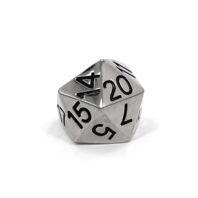 left side view of the D20 ring in silver on a white background