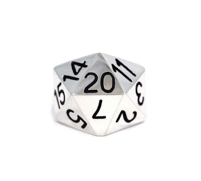 front view of the D20 ring in silver on a white background