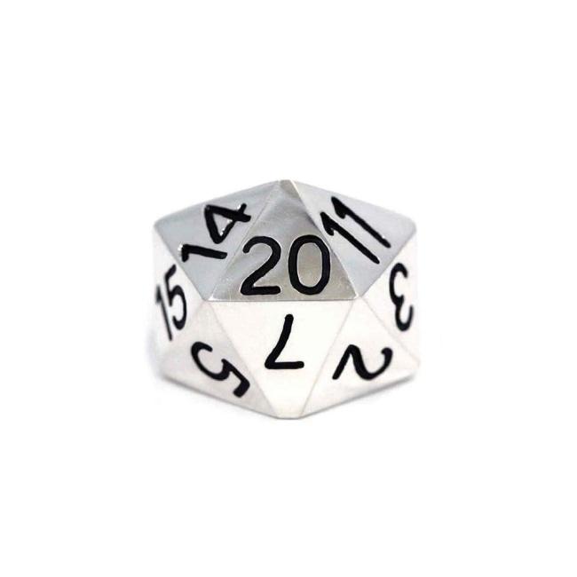 front view of the D20 ring in silver on a white background