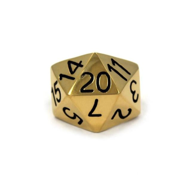 front view of the D20 ring in gold on a white background