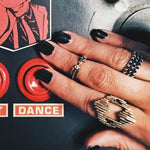 shot of a woman wearing the Dahlia Ring in silver from the han cholo precious metal collection