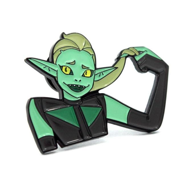 3/4 angle view of the double trouble enamel pin up close