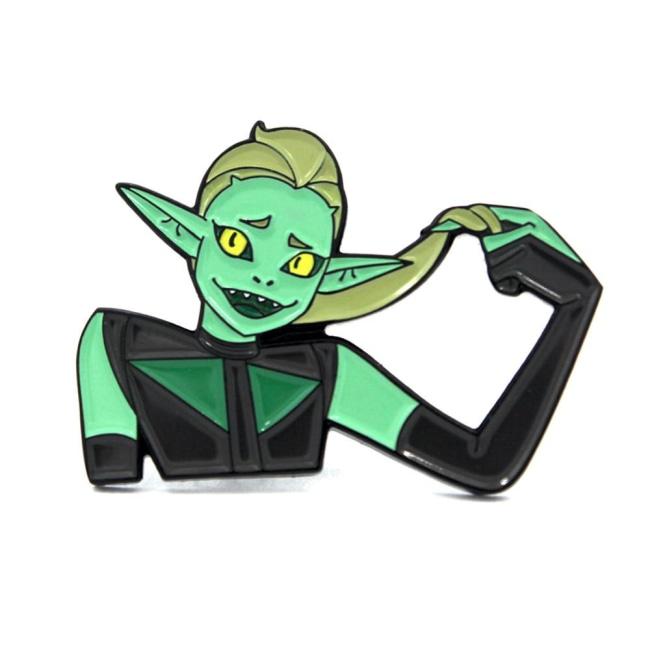front view of the double trouble enamel pin showing detail
