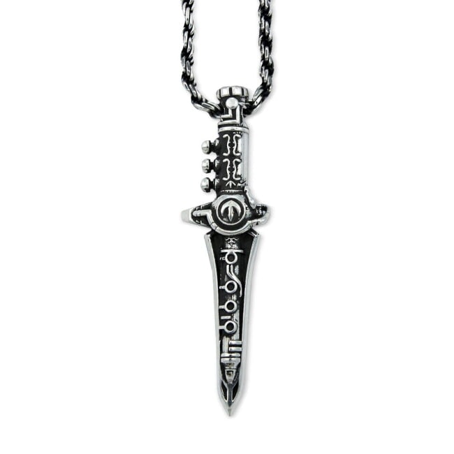 green ranger Dragon Dagger Pendant hanging on silver chain on a white background