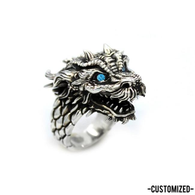 right angle of the Dragon Ring in silver from the han cholo fantasy collection with blue eyes
