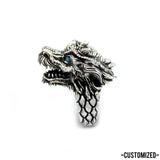 left side of the Dragon Ring in silver from the han cholo fantasy collection with blue eyes
