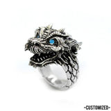 left angle of the Dragon Ring in silver from the han cholo fantasy collection with blue eyes