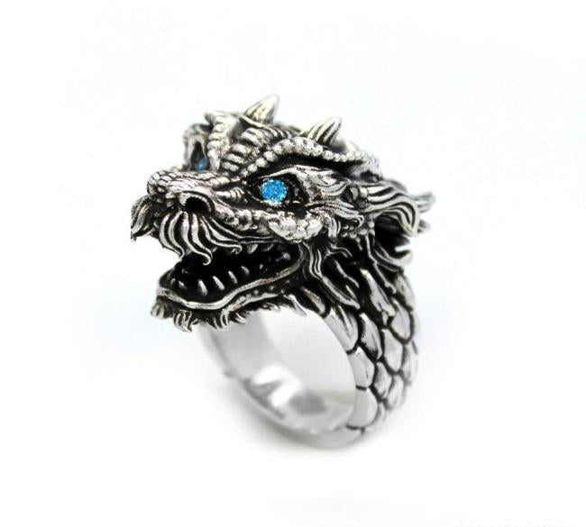 left angle of the Dragon Ring in silver from the han cholo fantasy collection with blue eyes