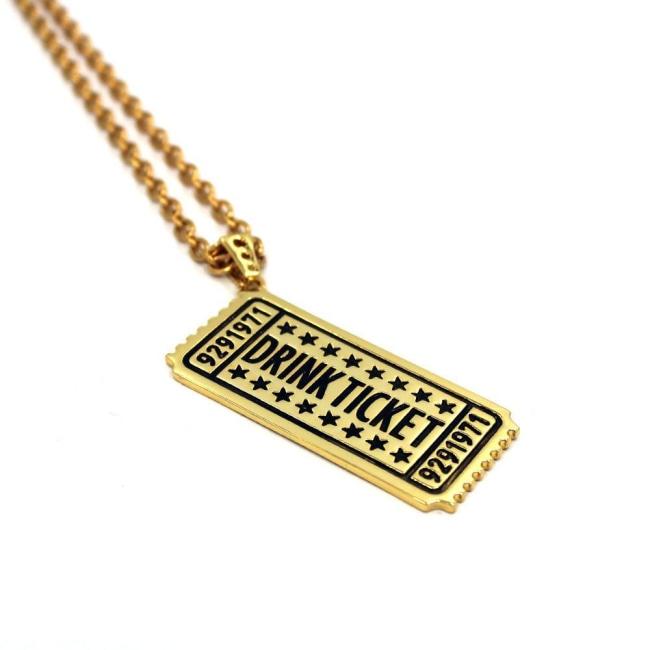 side angle of the drink ticket pendant in gold from the han cholo jewelry collection