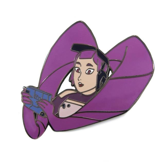 close up view of the entrapta enamel pin with an angled view tilted to the left