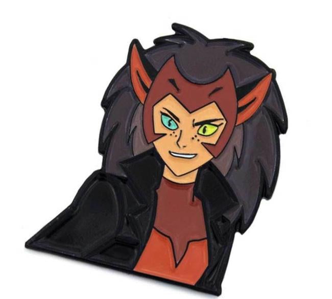 Angled and close up view of the Force-Captain Catra Enamel Pin leaning and angled to the right