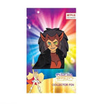 Front view of the force captain catra enamel pin on an officially licensed she-ra pin card