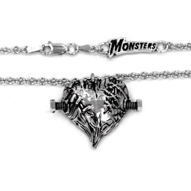 full detail of the Frankenheart pendant in sterling silver from the universal monsters collection