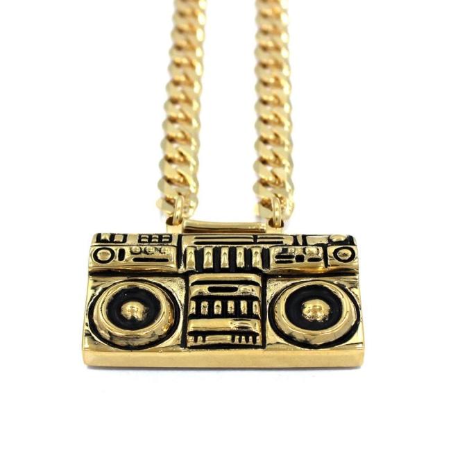 up close view of the Ghetto Blaster Necklace in gold from the han cholo music collection