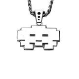 front view of the grumpy invader pendant in silver on a white background