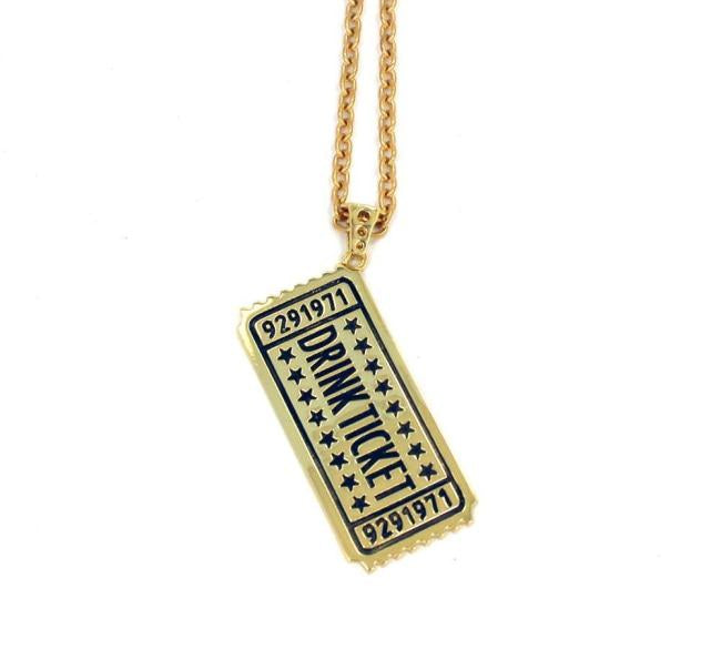 front of the drink ticket pendant in gold from the han cholo jewelry collection