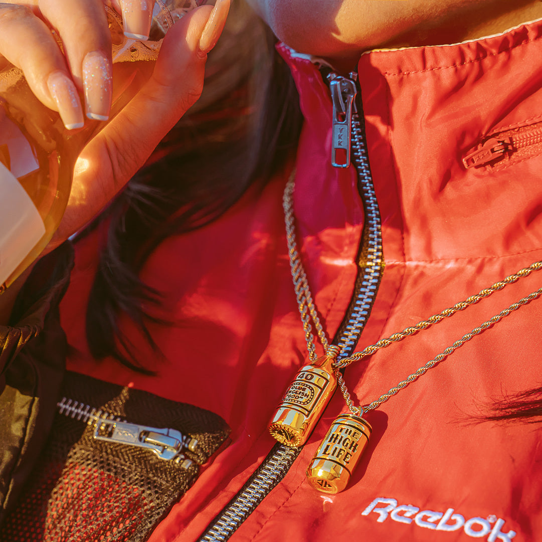 high life pendant, gold beer can necklace