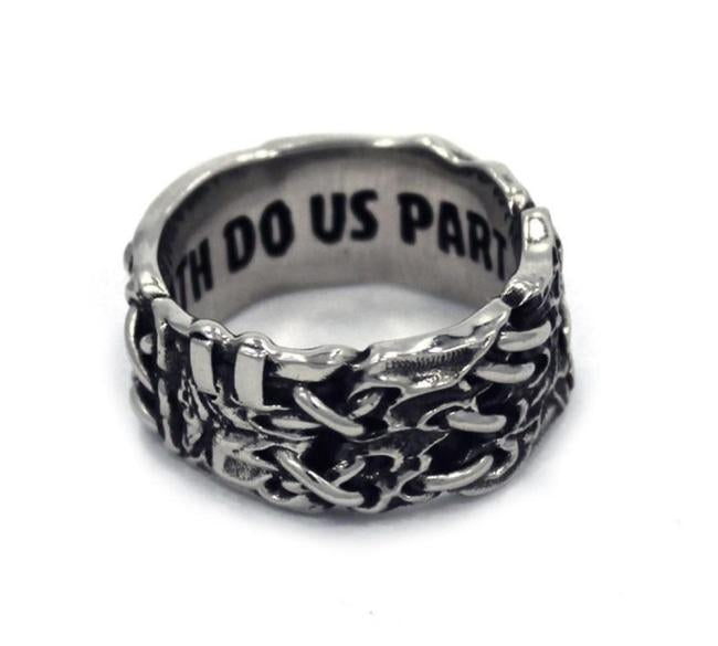 right side view of the His till death do us part ring from the universal monsters collection