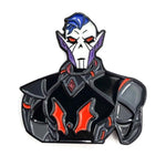 angled view of the Hordak Enamel Pin close up shoing omre detail of the face and enamel coloring