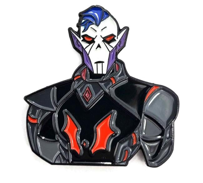 angled view of the Hordak Enamel Pin close up shoing omre detail of the face and enamel coloring