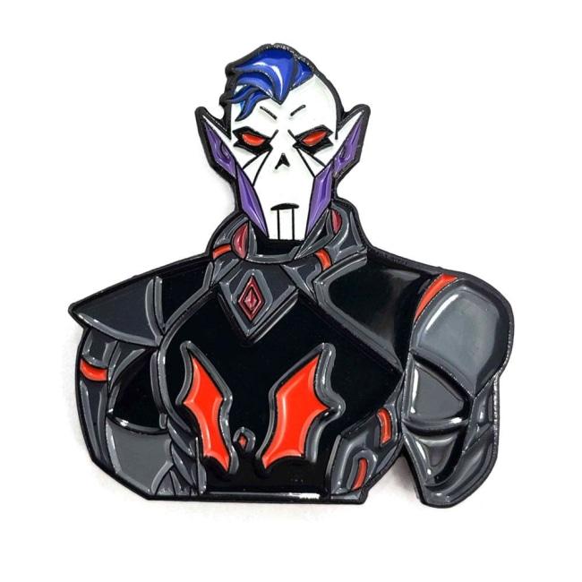 angled view of the Hordak Enamel Pin close up shoing omre detail of the face and enamel coloring
