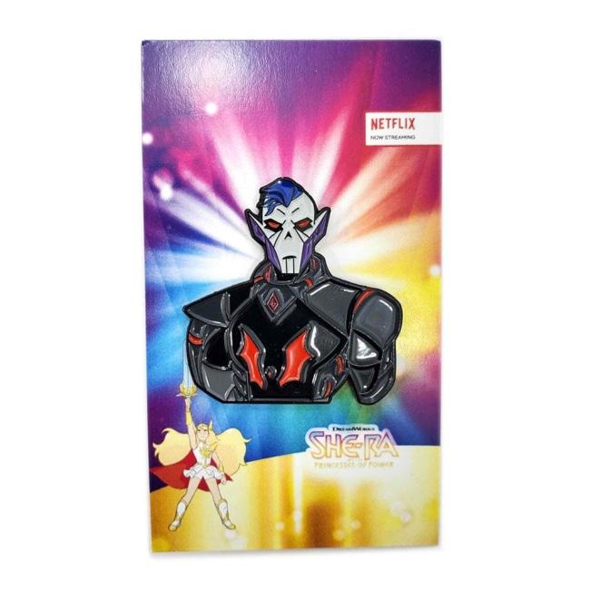 front view of the Hordak Enamel pin on an officially licensed she-ra pin card