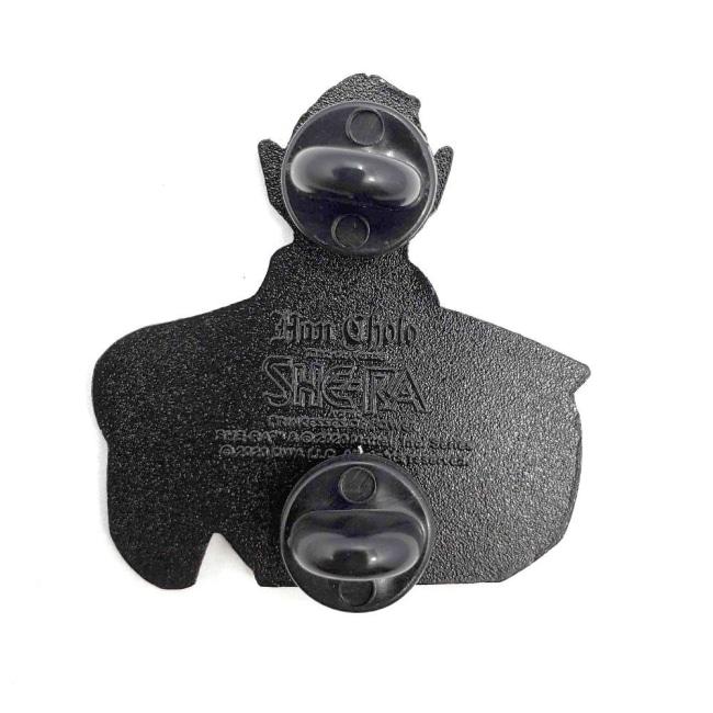 back view of the hordak enamel pin showing off the double rubber clutch back and legal
