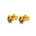 horde symbol earrings from she-ra and the princesses of power angled at a 3/4 view in gold