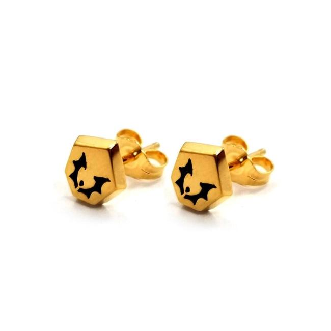 horde symbol earrings from she-ra and the princesses of power angled at a 3/4 view in gold