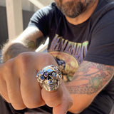 Future Human Cyborg Ring sterling silver with red blue and white stone on Han Cholo shirt
