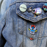 Shogun Warrior inspired Space knight enamel pin on denim jacket with pins